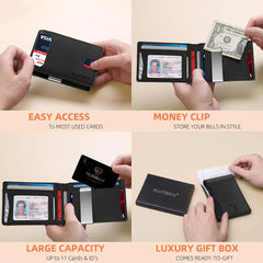 RUNBOX Men's Slim Leather Wallet - RFID Safe Bifold with Money Clip - Black