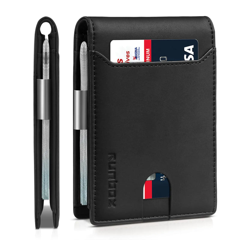 RUNBOX Men's Slim Leather Wallet - RFID Safe Bifold with Money Clip - Black