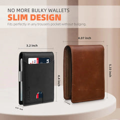 RUNBOX Men's Slim Leather Wallet - RFID Safe Bifold with Money Clip - Black